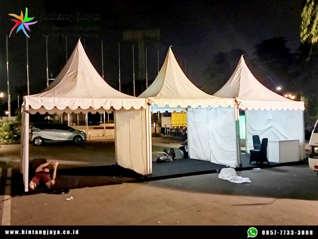 Sewa tenda kerucut stand bazar include lampu Neglasari Tangerang