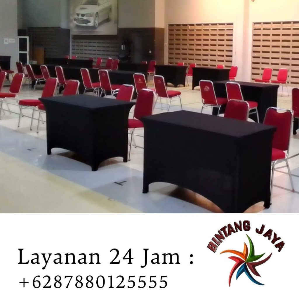 Sewa Meja Kotak HPL 120cm Cover Strech Hitam Area Karawang Barat