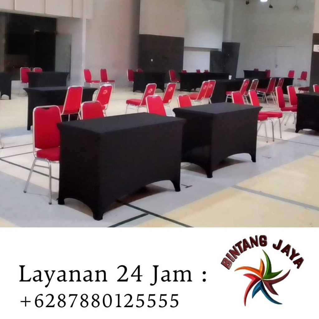 Sewa Meja Kotak HPL 120cm Cover Strech Hitam Area Karawang Barat