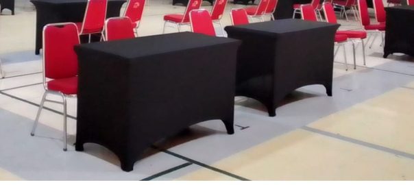 Sewa Meja Kotak HPL 120cm Cover Strech Hitam Area Karawang Barat