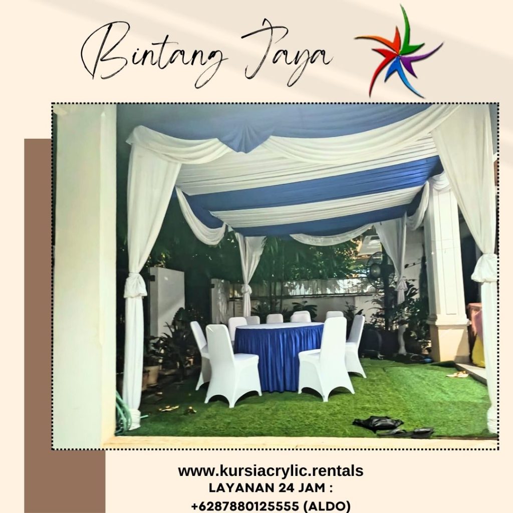 Sewa Tenda Dekor serut Tirai Putih Biru Dan Meja Kursi Jakarta