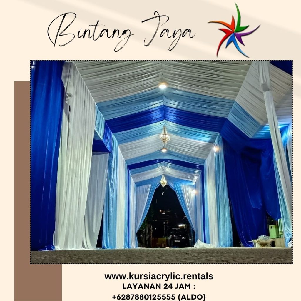 Sewa Tenda Dekor serut Tirai Putih Biru Dan Meja Kursi Jakarta