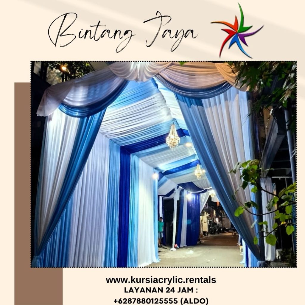 Sewa Tenda Dekor serut Tirai Putih Biru Dan Meja Kursi Jakarta