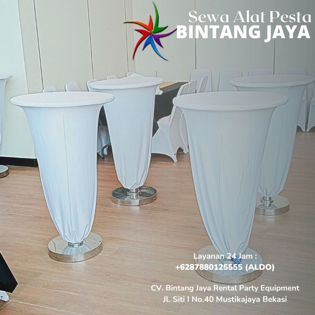 Sewa Meja Bar Kaki Stainless Cover Putih Area Terdekat Jakarta