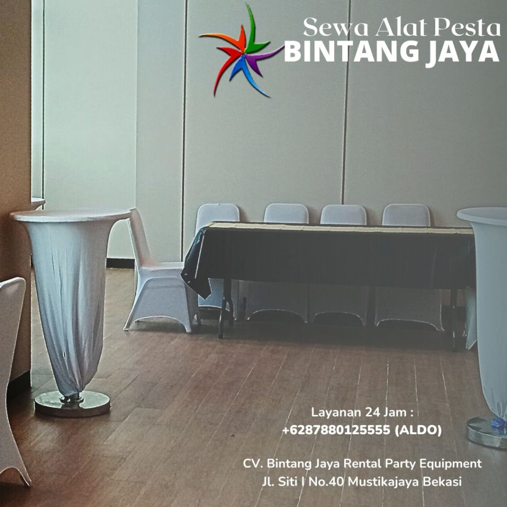 Sewa Meja Bar Kaki Stainless Cover Putih Area Terdekat Jakarta