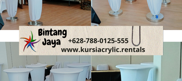 Sewa Meja Bar Kaki Stainless Cover Putih Area Terdekat Jakarta