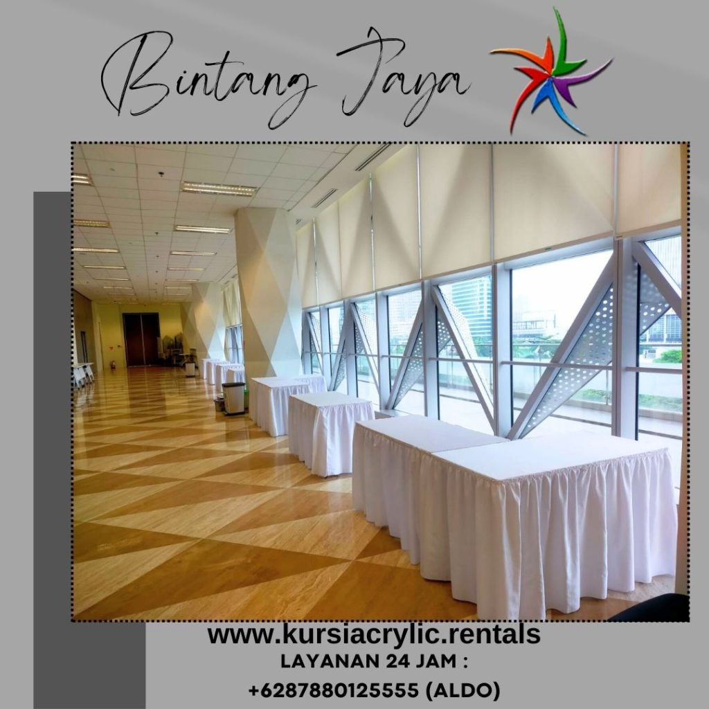 Sewa Meja Kotak Cover Rumbai Skirting Putih Area Jakarta