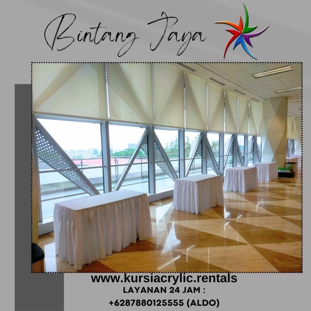 Sewa Meja Kotak Cover Rumbai Skirting Putih Area Jakarta
