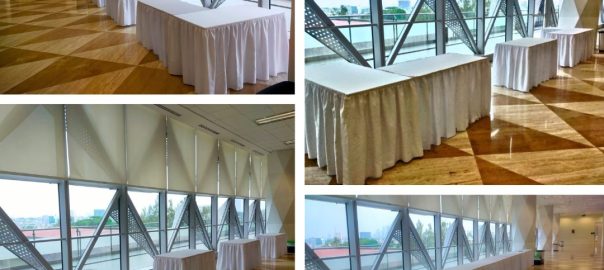 Sewa Meja Kotak Cover Rumbai Skirting Putih Area Jakarta