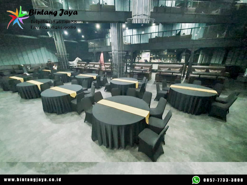 Sewa Meja Bundar Taplak Hitam Kursi Susun Sarung Kursi Hitam Jakarta