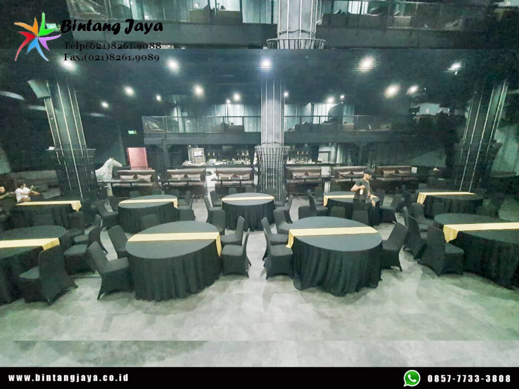Sewa Meja Bundar Taplak Hitam Kursi Susun Sarung Kursi Hitam Jakarta